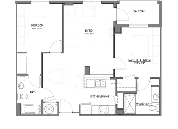 B1 Two Bedroom 2 Bath Floorplan B1-C 2 Bed - 2 Bath |995 sq ft floorplan