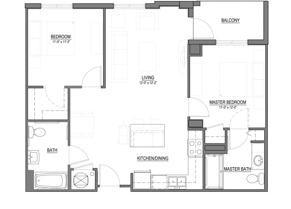 B1 Two Bedroom 2 Bath Floorplan B1 2 Bed - 2 Bath |995 sq ft floorplan