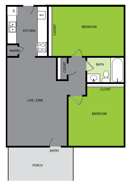 2 bedroom 1 bathroom B Floor plan at Bend at Oak Forest, Houston
