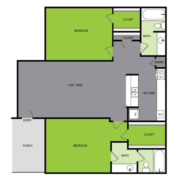 2 bedroom 2 bathroom B Floor plan at Bend at Oak Forest, Texas, 77092