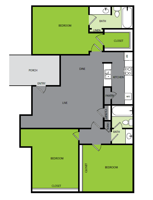 3 bedroom 2 bathroom Floor plan 3 bedroom 2 bathroom Floor plan at Bend at Oak Forest, Houston, TX