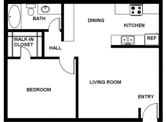 1 Bed, 1 Bath, 650 square feet floor plan