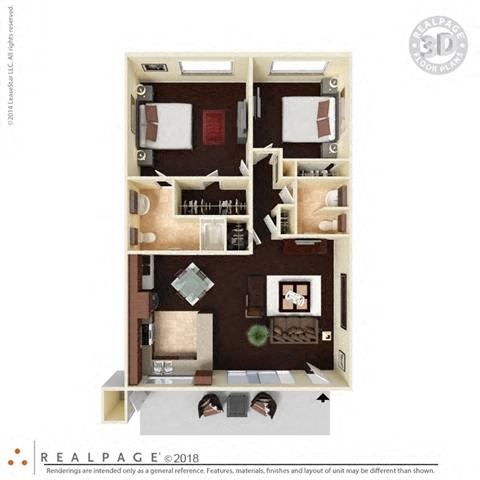 2 Bed, 1.5 Bath 940 square feet floor plan The Capistrano 3D furnished