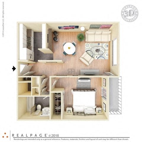 1 Bed, 1 Bath, 640 square feet floor plan Regular One Bedroom 3D furnished