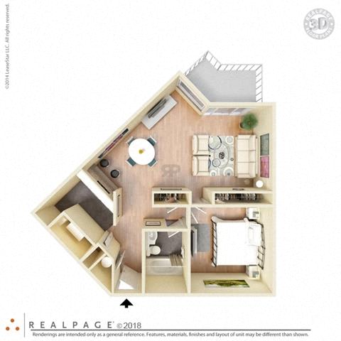 1 Bed, 1 Bath, 625 square feet floor plan Small One Bedroom 3D furnished