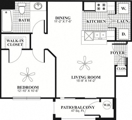 Floor Plan  1 bed 1 Bath 615 square feet Comfort floor plan