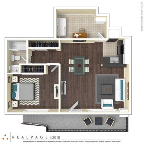 1 Bed, 1 Bath, 700 square feet floor plan 3d furnished