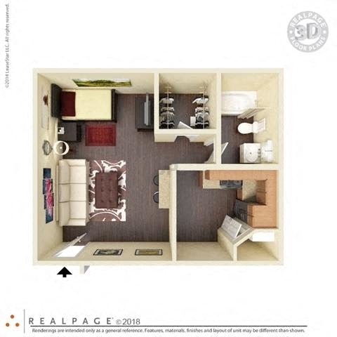 1 Bed, 1 Bath, 414 square feet floor plan Studio 3d furnished