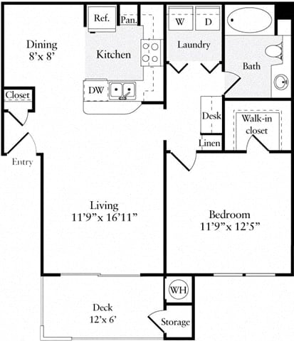 Floor Plan  1 Bed 1 Bath 728 square feet floor plan Plan A