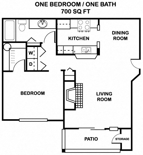 1 Bed - 1 Bath 700 sq ft floorplan at Cedar Crest, Beaverton, OR, 97078
