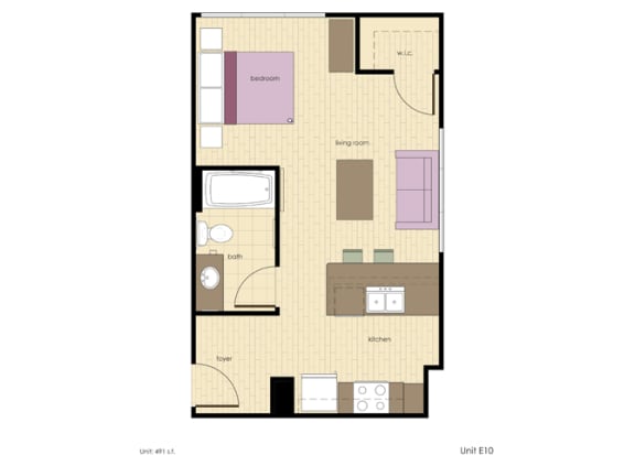 1 Bed 1 Bath, 491 square feet floor plan