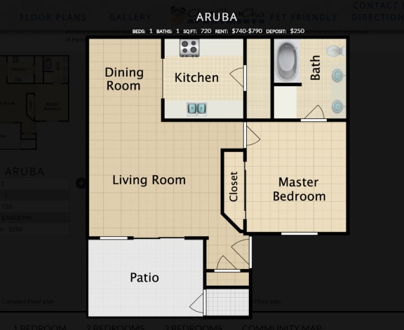 Floor Plan  Aruba, 1 br, 1 ba, 720 sq. ft.