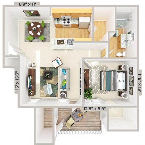 3d furnished 1 Bed 1 Bath 811 square feet floor plan The Cabana