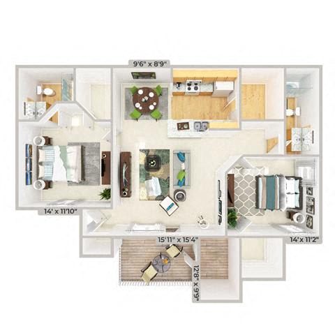 3d furnished 2 Bed 2 Bath 1109 square feet floor plan The Cottage