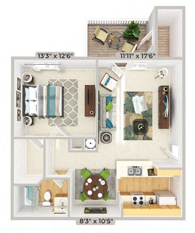3d furnished 1 Bed 1 Bath 824 square feet floor plan Magnolia