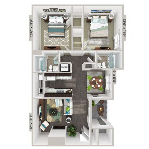 3d furnished 2 Bed 2 Bath 1005 square feet floor plan