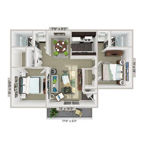 2 Bed 2 Bath 973 square feet floor plan Granger