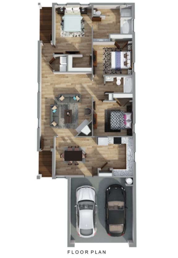 Hawksberry 3D floor plan  3 bedroom 2 bath