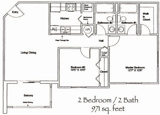 2 Bed 2 Bath 971 square feet floor plan