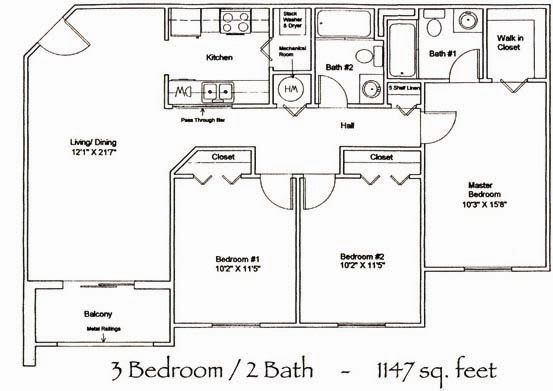 3 Bed 2 Bath 1147 square feet floor plan