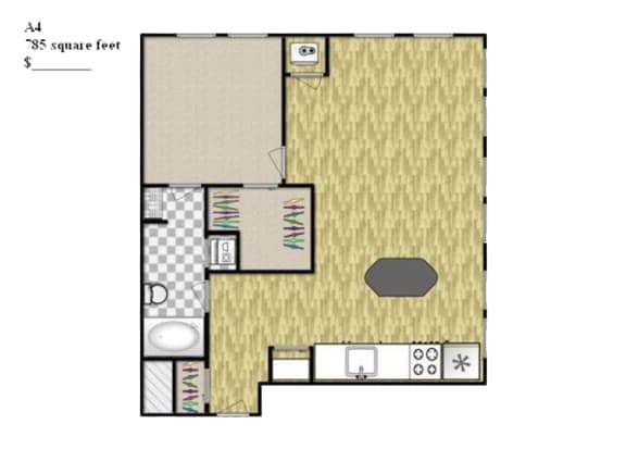One Bed One Bath Floor Plan at Uptown Lake Apartments, Minneapolis