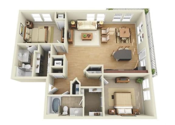 Two Bed Two Bath Floor Plan at Uptown Lake Apartments, Minneapolis, MN, 55408