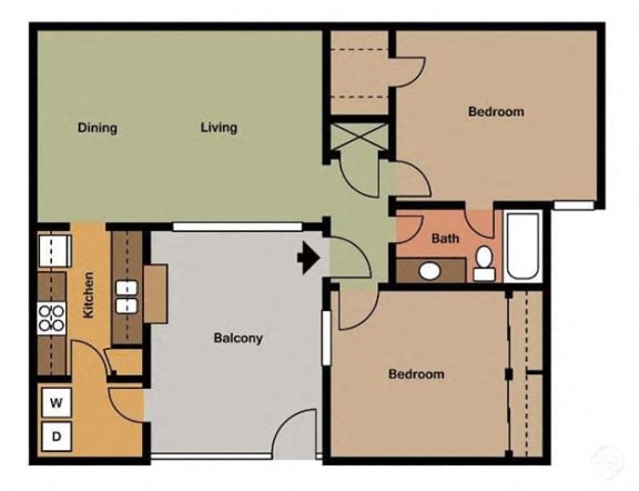 2 Bed - 1 Bath |909 sq ft Two Bedroom Garden floorplan