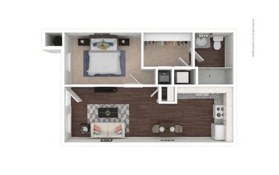 1 Bed 1 Bath 520 square feet floor plan A1 3d furnished
