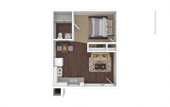 1 Bed 1 Bath 455 square feet floor plan A1 3d furnished