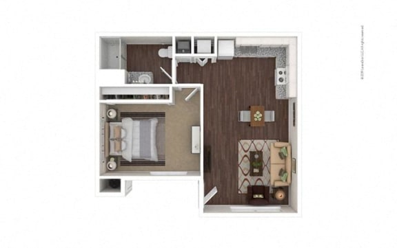 1 Bed 1 Bath 600 square feet floor plan A2 3d furnished