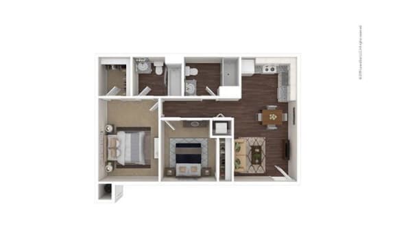 2 Bed 2 Bath 750 Square Fee Floor Plan B1 3D Furnished