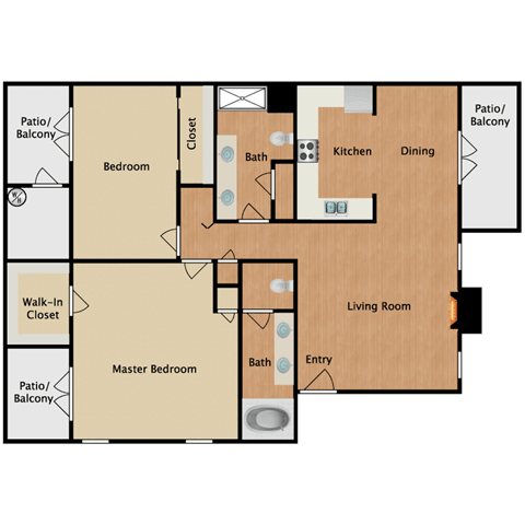 2 Bed, 2 Bath, 1200 sq. ft. floor plan