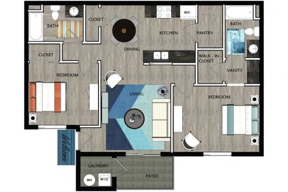 2 Bed 2 Bath 947 square feet floor plan furnished THE AVENUE
