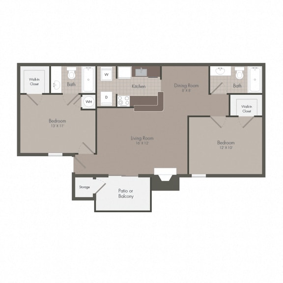 2 Bed - 2 Bath, 886 sq ft, two bedroom floor plan
