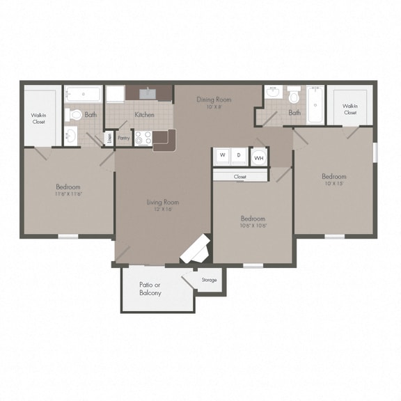 3 Bed - 2 Bath, 1085 sq ft, three bedroom floor plan