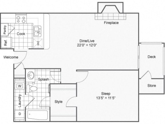 1 bed 1 bath 720 square feet floor plan