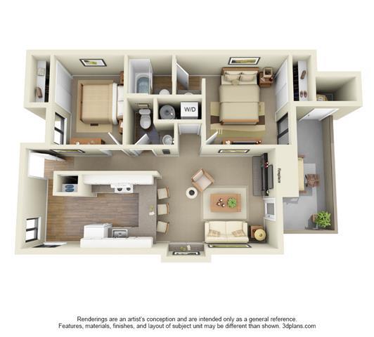 2 Bed, 1.5 Bath, 840 sq. ft. Pine
