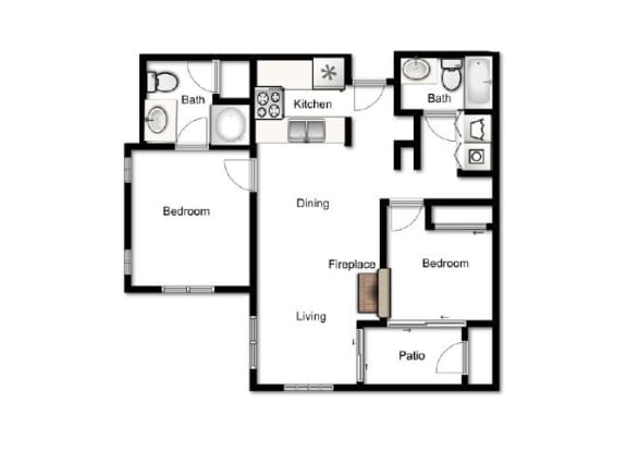 2 Bed, 2 Bath, 1068 sq. ft. Two Bedroom B