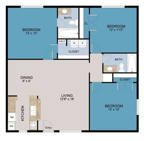 3 Bed, 2 Bath, 1122 sq. ft. C1
