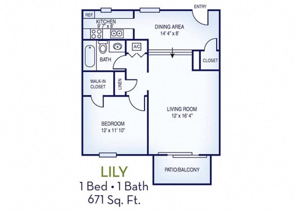 1 Bed, 1 Bath, 671 sq. ft. Lily floor plan