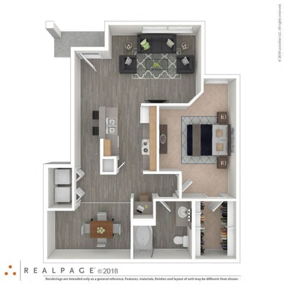 1 Bed 1 Bath 915 square feet floor plan Madison 3d furnished