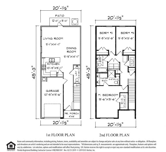 PLAN 1514, 3 Bed 2.5 Bath, 1514 SQ.FT.&#x9;floor plan, Palm A- Hardie Townhome- Exterior Unit