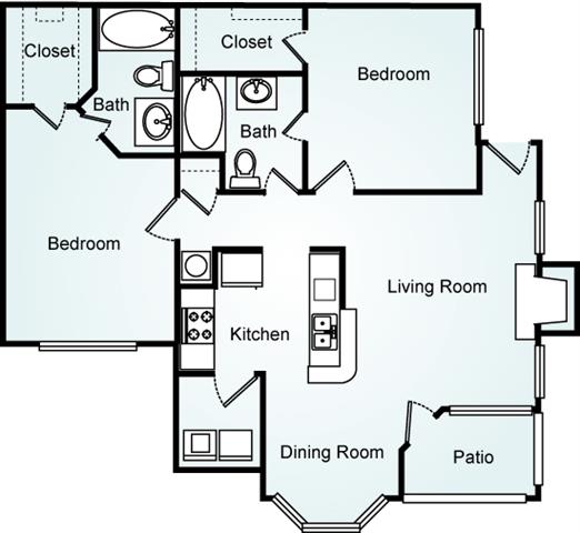 2 Bed - 2 Bath, 1060 square feet floor plan The Drake