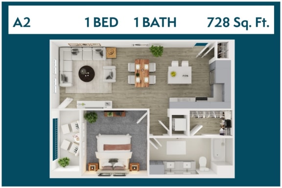 1 Bed 1 Bath 728 square feet floor plan A2 3d furnished