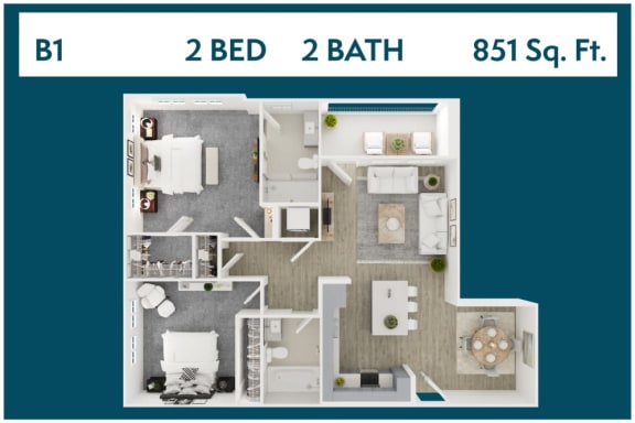 2 Bed 2 Bath 851 square feet floor plan B1 3d furnished