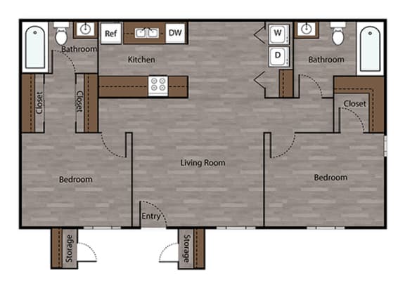 2 Bed - 2 Bath |860 sq ft Two Bedroom floorplan