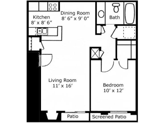 1 Bed - 1 Bath |600 sq ft floorplan