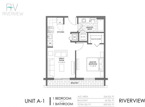 1 Bed - 1 Bath |554 sq ft floorplan