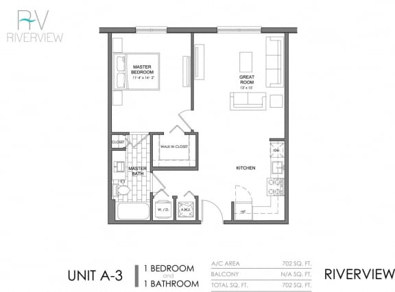1 Bed - 1 Bath |702 sq ft floorplan