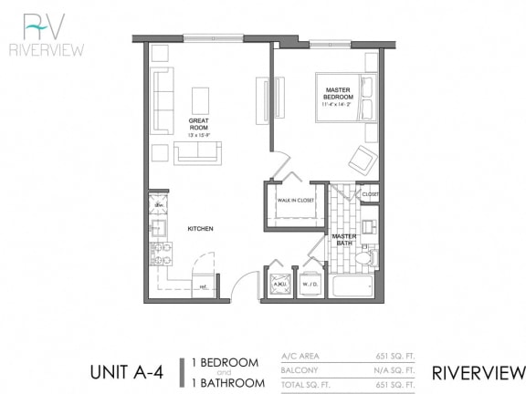 1 Bed - 1 Bath |651 sq ft floorplan
